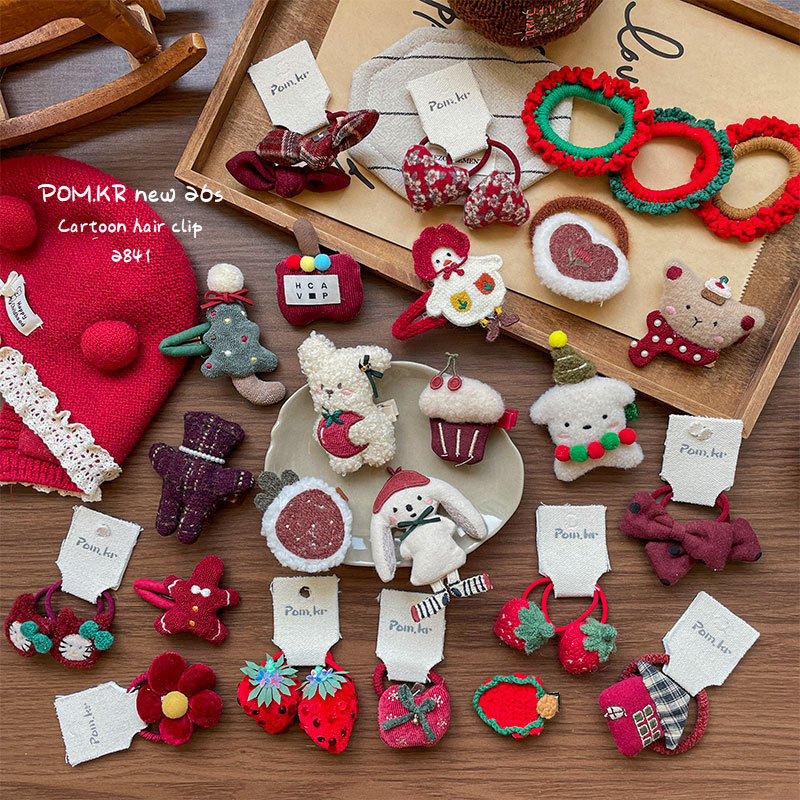 新款韩式红色系卡通可爱发夹手作布艺儿童丸子头发夹高弹力发圈女