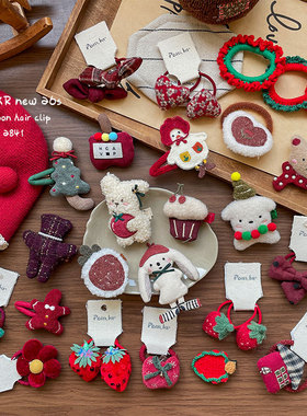 新款韩式红色系卡通可爱发夹手作布艺儿童丸子头发夹高弹力发圈女