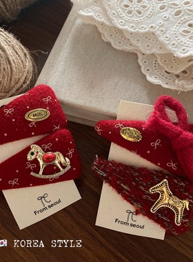 新年红色小马毛线蝴蝶结发夹女甜美前额碎发BB夹侧边刘海边夹发卡