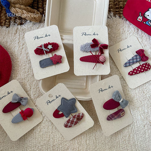 新款韩式红色系蝴蝶结发夹布艺手作儿童侧边碎发掰掰夹前额刘海夹