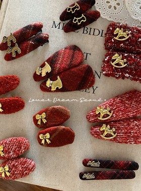 韩国ins秋冬新款小狗小马新年红色毛线发夹 可爱甜美刘海夹发饰女