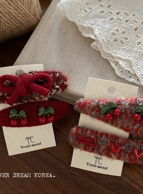 新年红色鸭嘴夹时尚掰掰夹水钻对夹掰掰夹卡通可爱樱桃珍珠发夹女