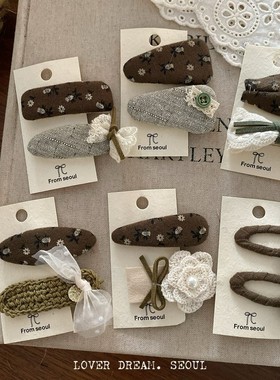 韩版新款绿色系蝴蝶结花朵儿童发夹卡边夹 碎花流苏蝴蝶结刘海夹