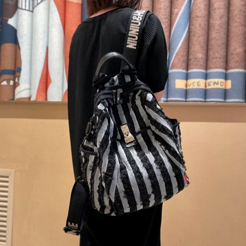 法国ZAMP轻便帆布双肩包女2025新款时尚条纹背包大容量休闲旅行包