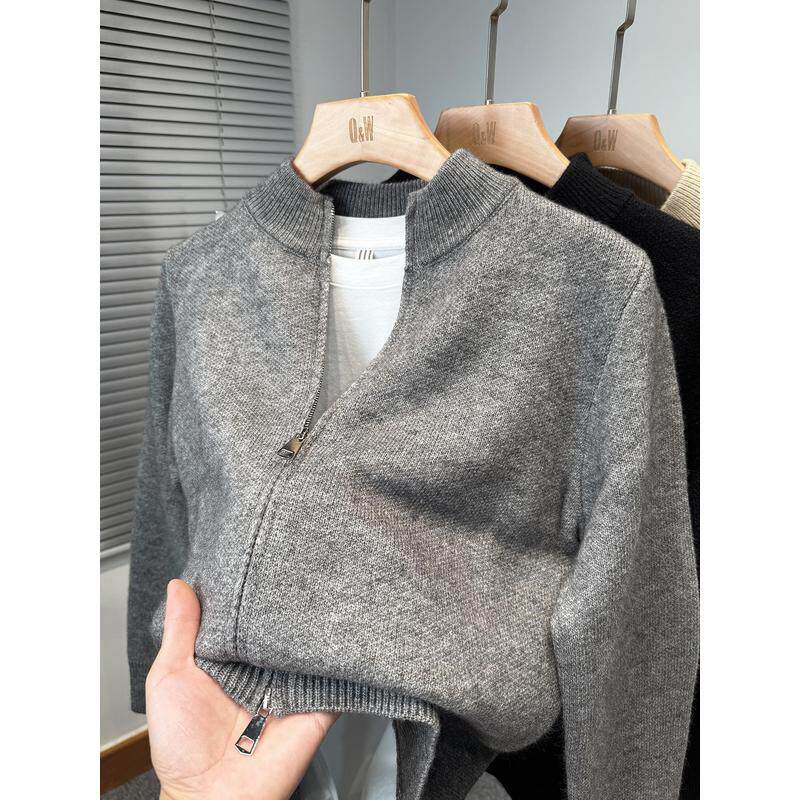 双拉链百搭纯色开衫男加厚秋冬季毛衣外套男半高领外搭针织衫中年