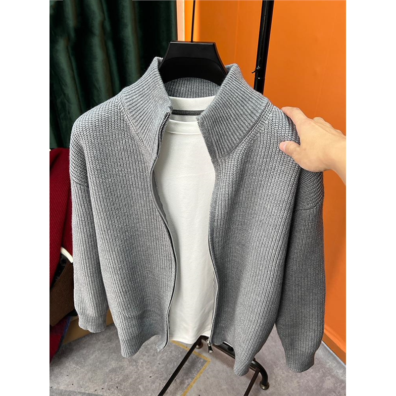 百搭纯色拉链开衫男针织衫秋冬季爆款修身毛衣外套男立领半高外搭