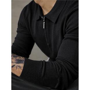 感黑色针织衫 衫 男士 气质半拉链毛线衣Polo翻领长袖 修身 时尚