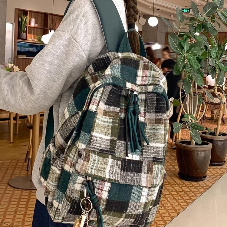 法国Fad Sincgo拼色格子书包初高中大学生轻便复古呢子双肩包女