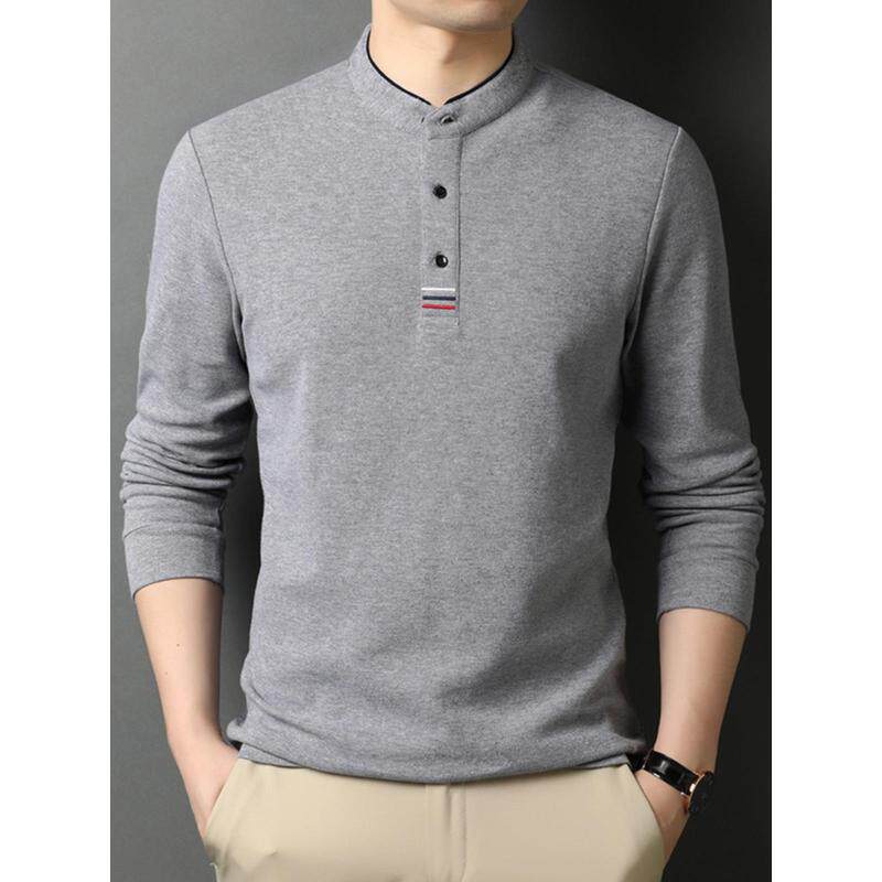 高端纯棉休闲立领长袖T恤男春秋新款全棉宽松纯色中年爸爸体恤衫