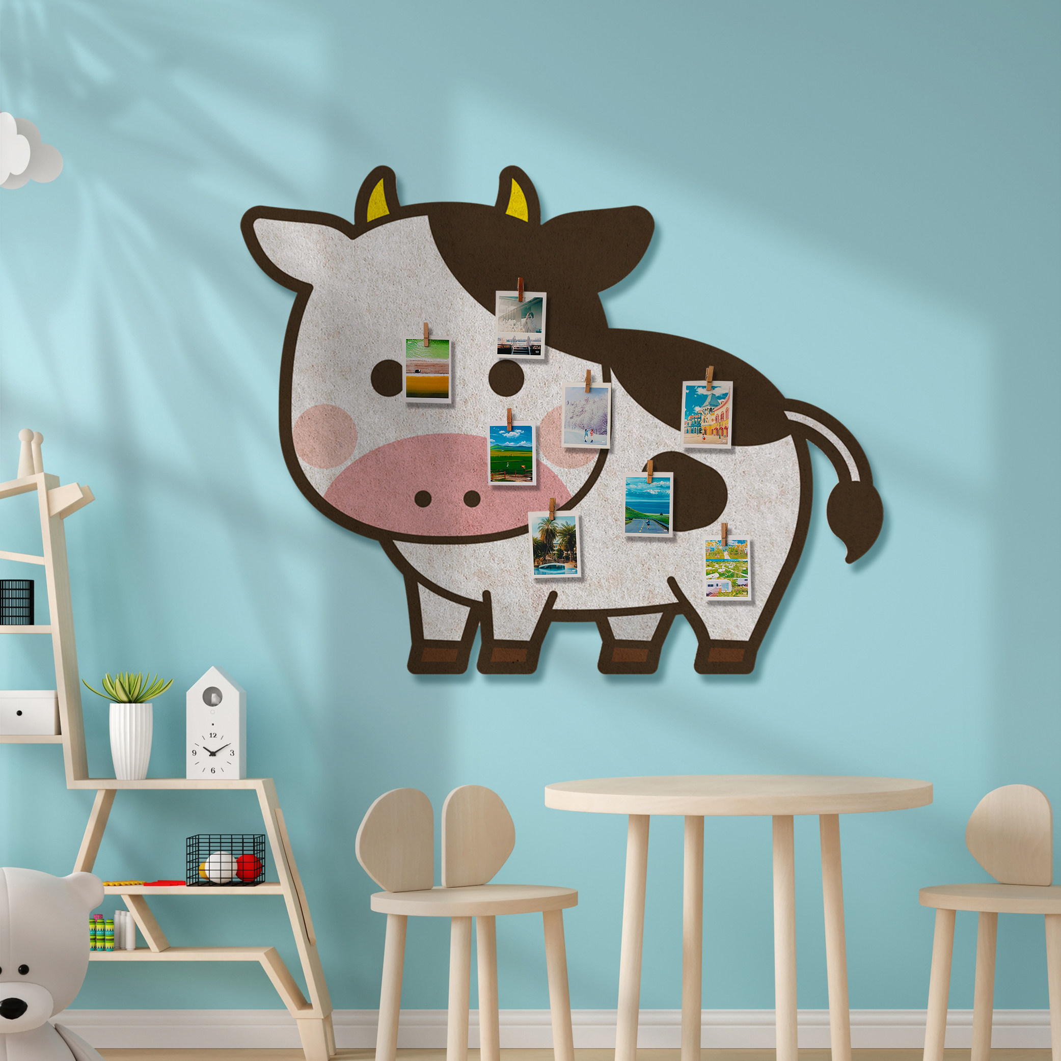 萌系奶牛造型照片墙饰儿童房卧室客厅毛毡板北欧风立体墙贴公告栏