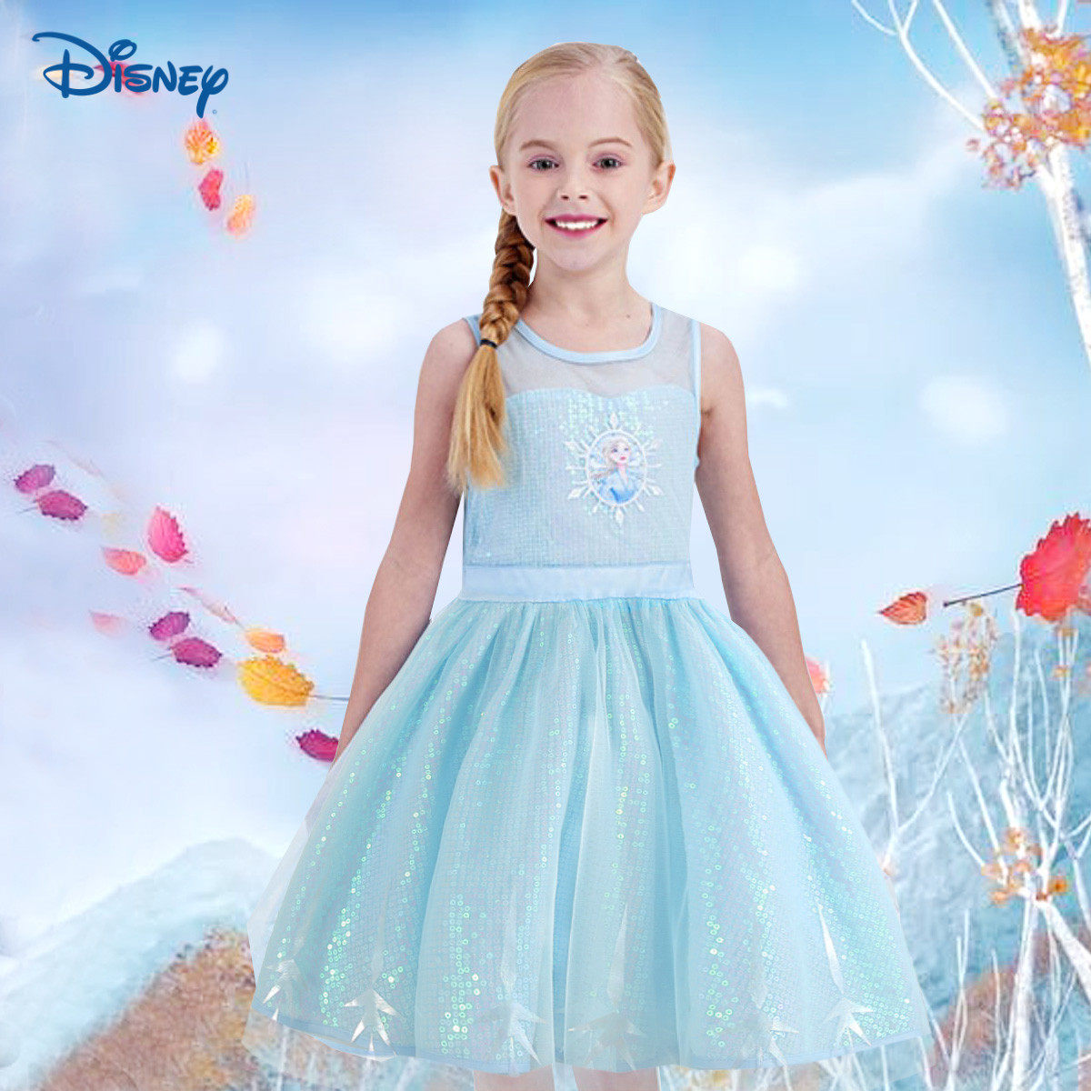 迪士尼童装女童公主裙背心裙演出服中大童冰雪奇缘圆领短袖连衣裙