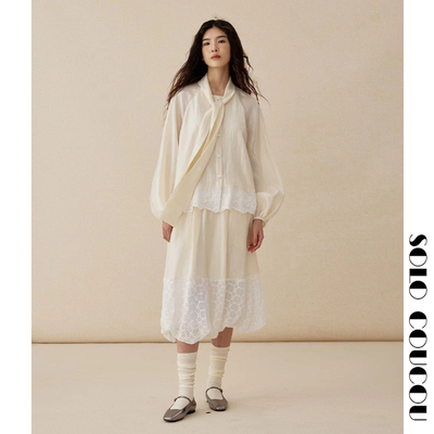 SoloCoucou索乐奶黄色醋酸拼接蕾丝松紧腰蛋挞半裙 售罄不补