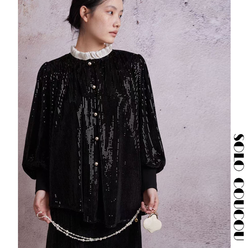 长袖丝绒衬衣显瘦新中式立领