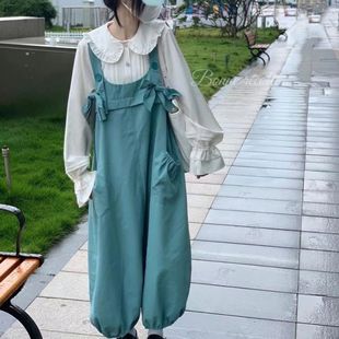 宽松娃娃领灯笼袖 衬衫 套装 可爱阔腿背带裤 两件套 女学生韩版 秋季