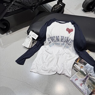 宽松防晒 大码 BOBO1972拼色设计字母印花百搭插肩长袖 t恤女中长款