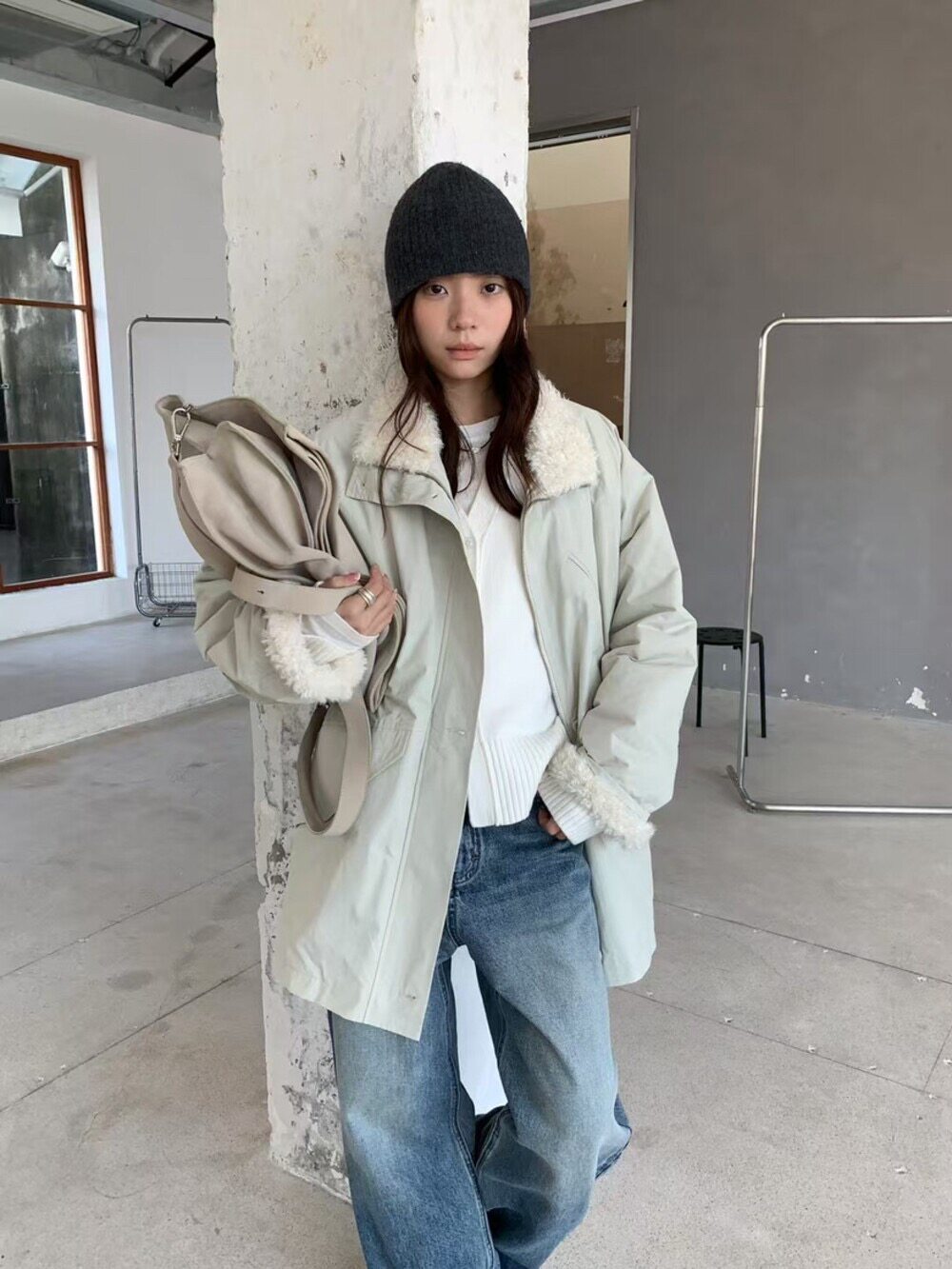 JEE JEE简约韩系羊羔毛领宽松中长款风衣外套中长款棉服韩版棉衣