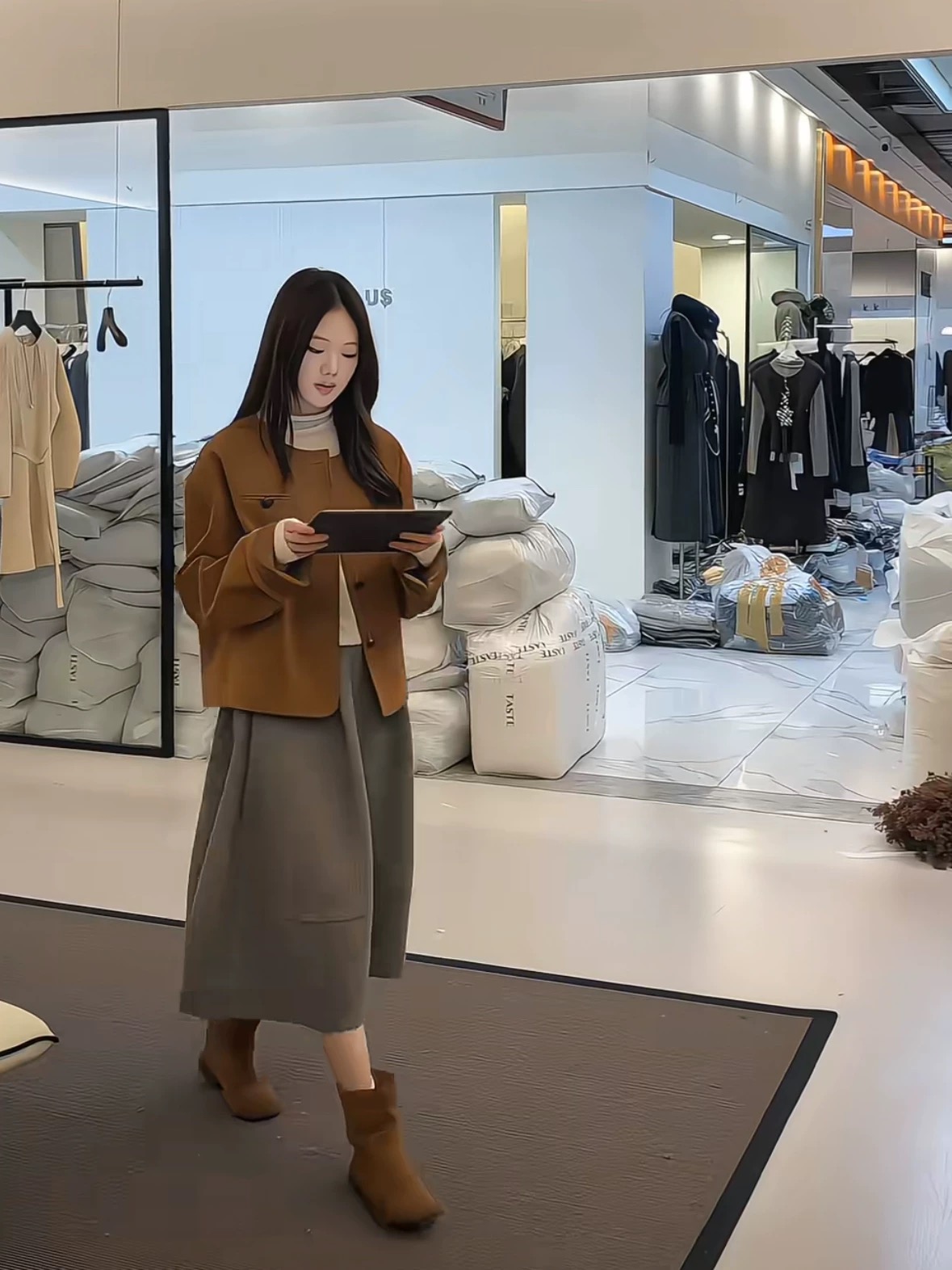 Taste2025新款女装韩系宽松羊毛呢花苞半身裙女中长款A字裙女冬装