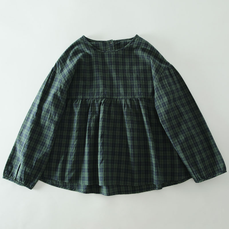 甜美森系绿格圆领套头衬衫娃娃衫