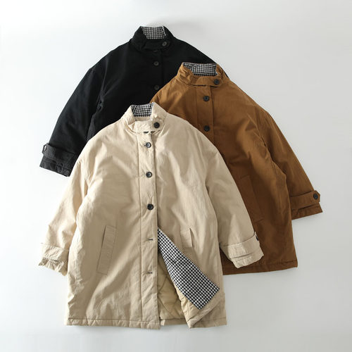 文艺简约夹棉中长款保暖风衣棉服