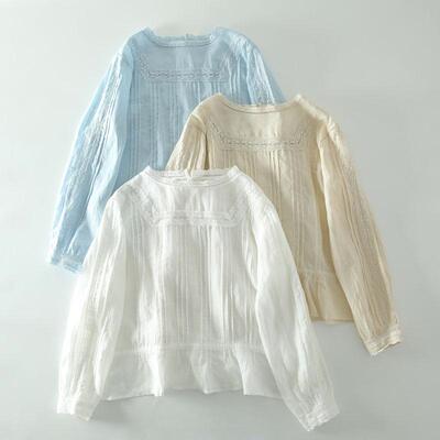 甜美森系蕾丝花边领压褶苎麻衬衫