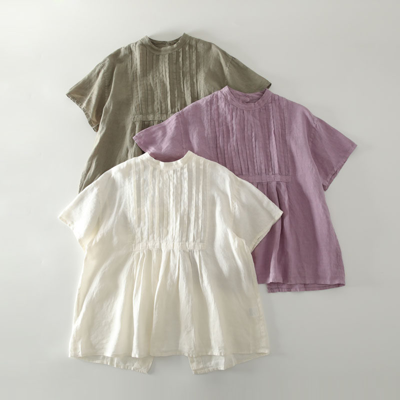 甜美日系立领风琴褶后背扣子开叉亚麻短袖衬衫女夏季显瘦凉爽衬衣