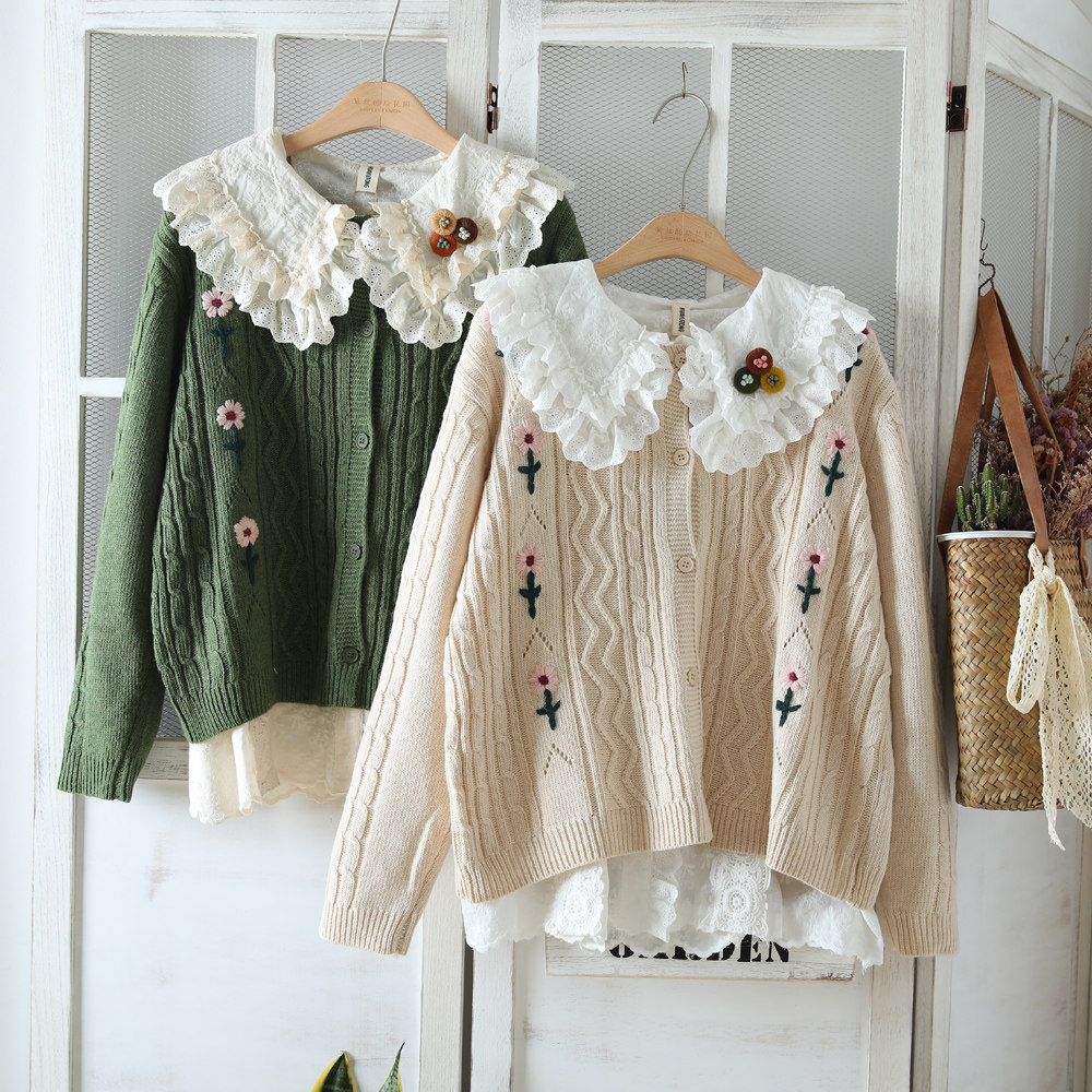 2021年圆领秋冬季手工绣花毛衣新款森女系羊毛百搭开衫外套上衣