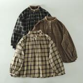 百搭上衣 宽松大码 秋新款 甜美森女蕾丝花边立领斜纹磨毛棉格子衬衫