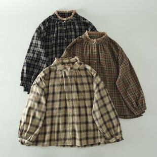 百搭上衣 宽松大码 秋新款 甜美森女蕾丝花边立领斜纹磨毛棉格子衬衫