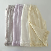 女松紧腰宽松百搭凉快阔腿裤 甜美森系木耳花边苎麻休闲裤 新款 夏季