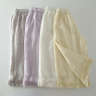 甜美森系木耳花边苎麻休闲阔腿裤