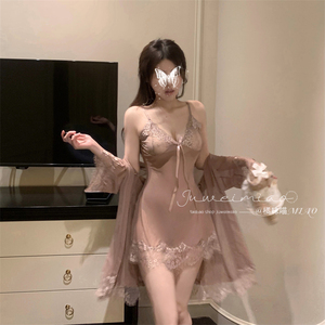 橘味喵：朦胧夜色 性感睡衣女夏网纱透视蕾丝吊带睡裙袍纯欲套装