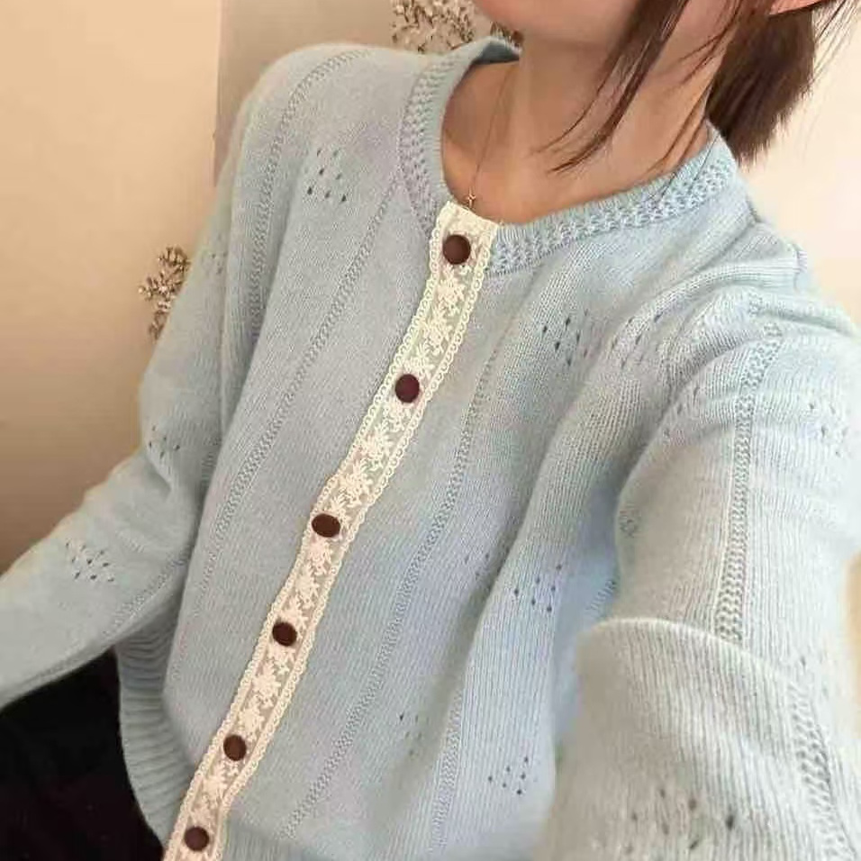 【大潘专享】田园上衣长袖圆领拼色毛衣开衫宽松上衣yic131288