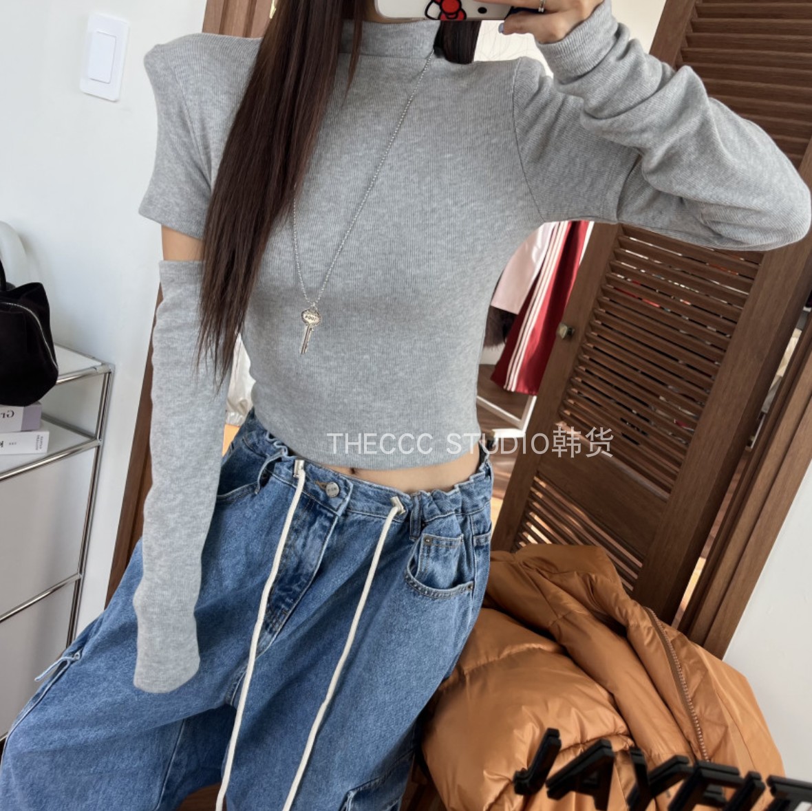 韩货代购25秋冬 高领长袖垫肩袖子镂空紧身纯色打底衫T恤
