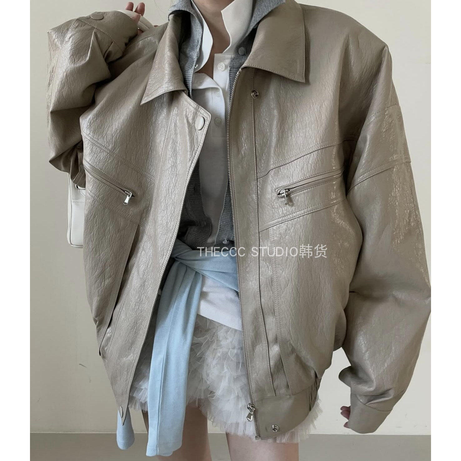 韩货代购26早春 宽松版拉链皮革夹克 蛋糕裙短裤