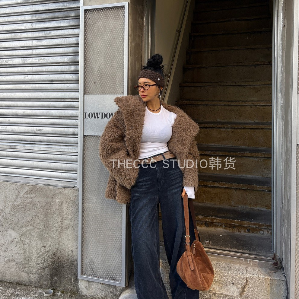 韩货代购25冬 翻领毛绒绒仿皮草宽松版外套