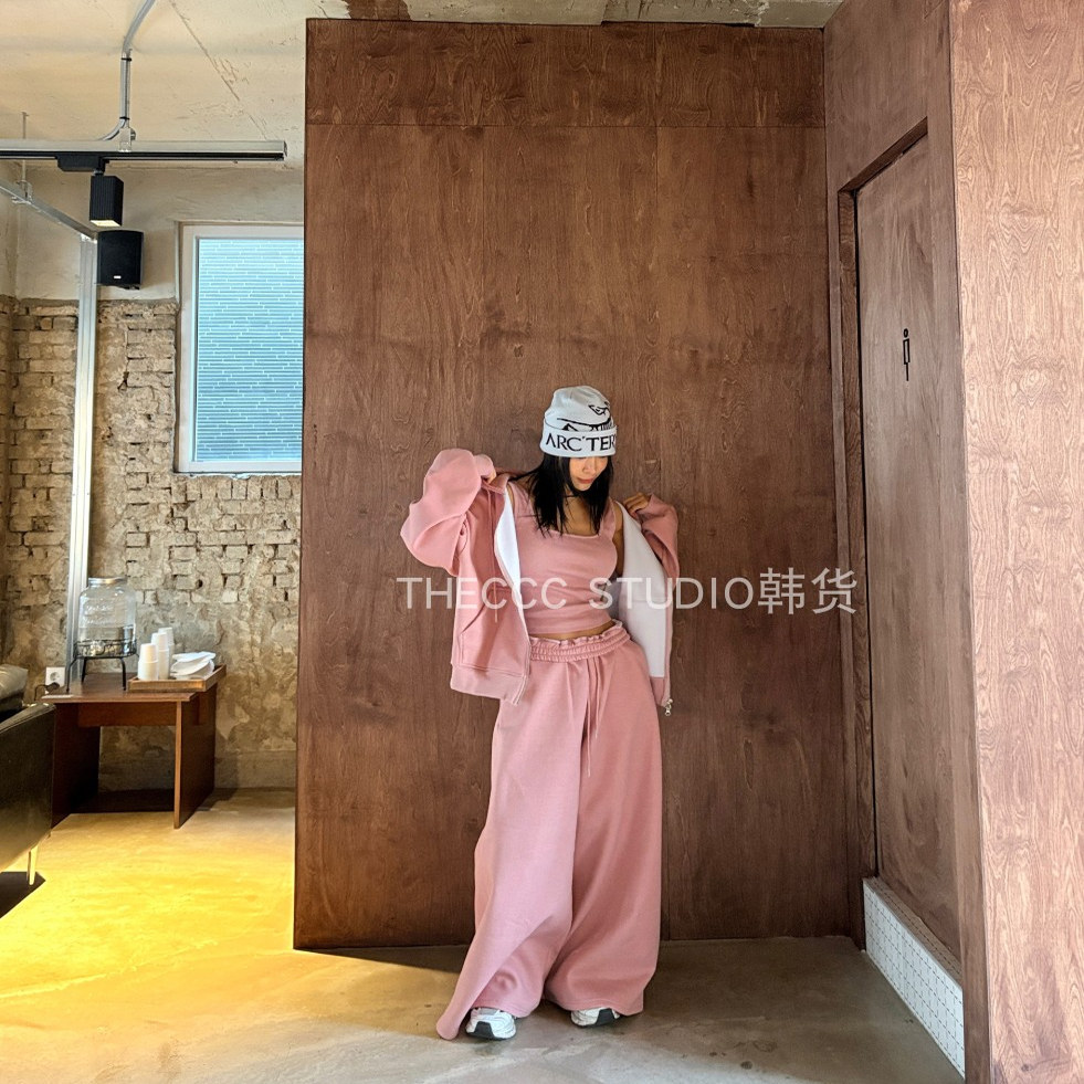 韩货代购25冬 吊带 宽松版连帽卫衣开衫 阔腿裤 时尚三件套