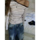 韩货代购 T恤 条纹修身 26春 斜肩露肩长袖