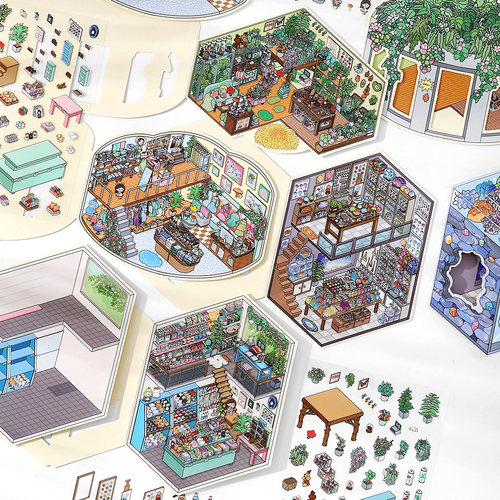 3D微缩造景贴纸立体堆叠营业商店童创意diy场景手工diy经营小屋贴