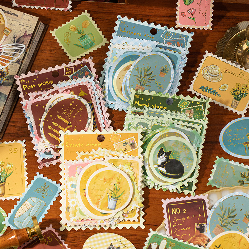 慢调生活烫金贴纸仿邮票复古文艺生活物件猫咪手账diy拼贴装饰贴