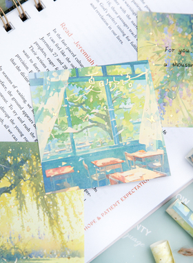 60张高颜值烫金便签清新唯美夏日风景手帐拼贴素材纸留言记事便条