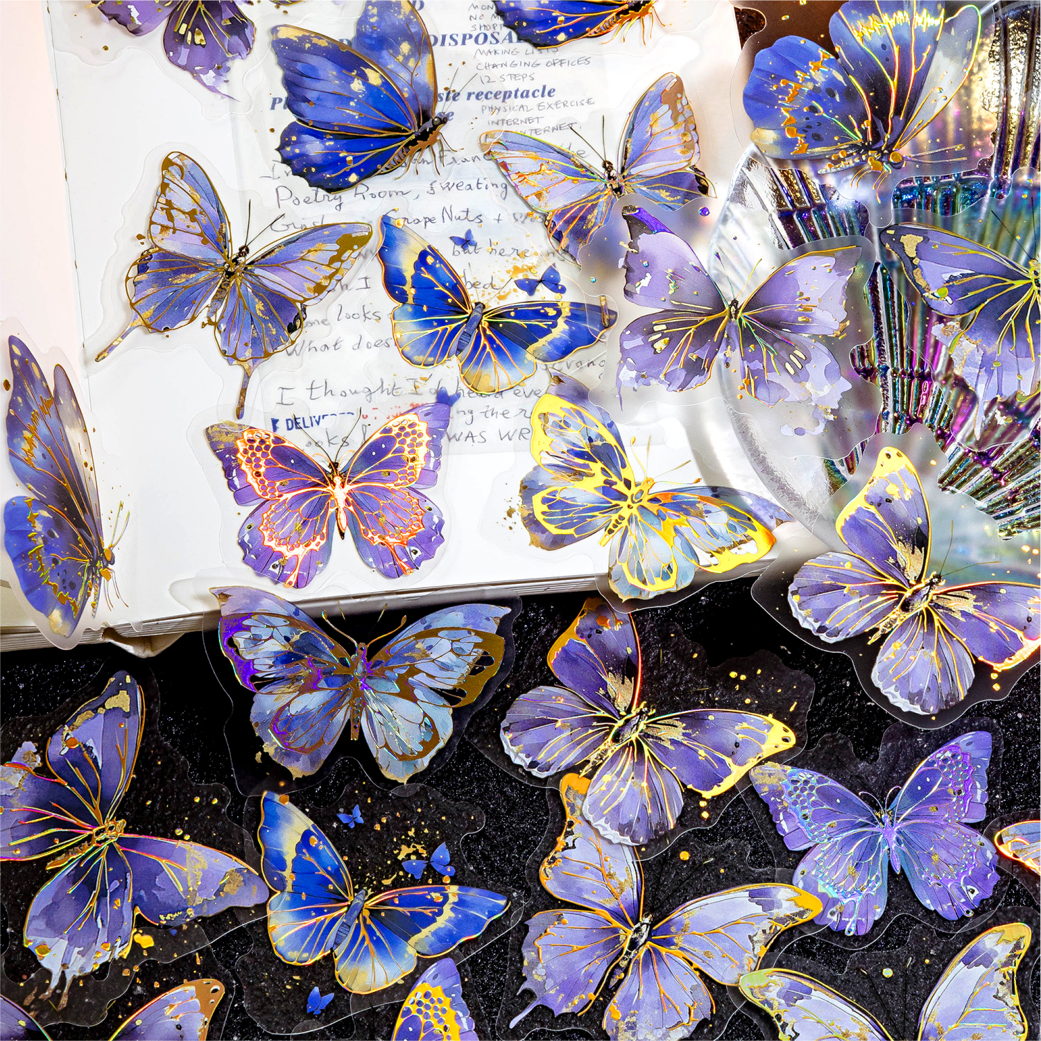 立体烫金蝴蝶贴纸梦幻复古彩蝶手帐拼贴手工diy素材谷美背景装饰