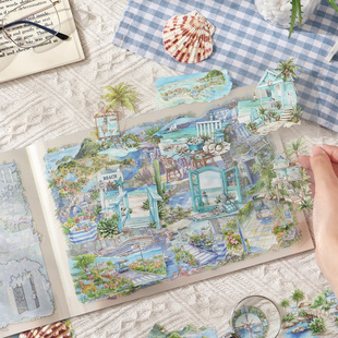 切模手帐造景贴纸本四季风景田园小屋城市建筑手账拼贴背景素材贴