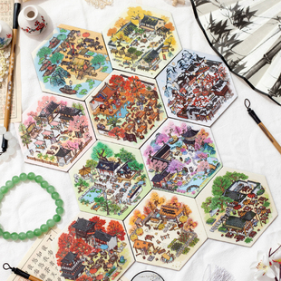国风场景冰箱贴创意文创磁贴diy堆叠古风庭院小屋造景家居装饰贴