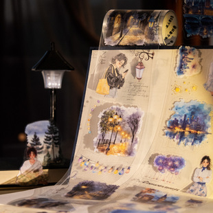 番茄酱月夜帷幕模切胶带pet复古人物风景手帐日记拼贴背景素材贴