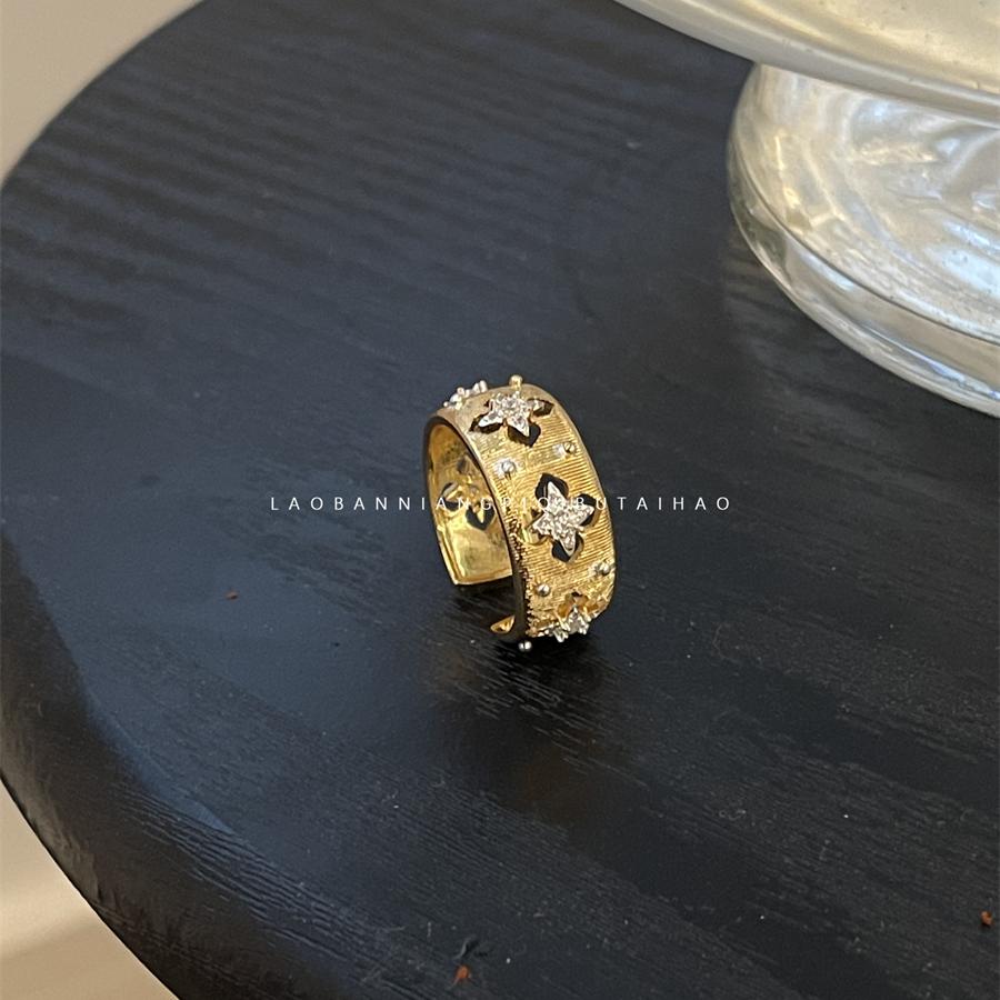超好看！重工双色电镀18K真金锆石开口复古花朵镂空轻奢小众戒指