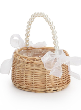 森系柳编珍珠手提花篮儿童花篮拍照道具撒花瓣篮满月酒随手礼篮