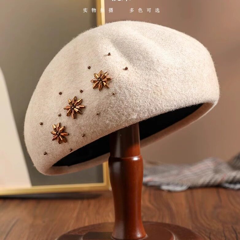 ptah布塔秋冬中年女八角纯羊毛定型南瓜帽毡帽时尚花朵百搭贝雷帽