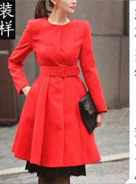 女韩版圆领毛呢收腰大风衣外套纸样1比1裁剪实物牛皮纸板缝纫模版