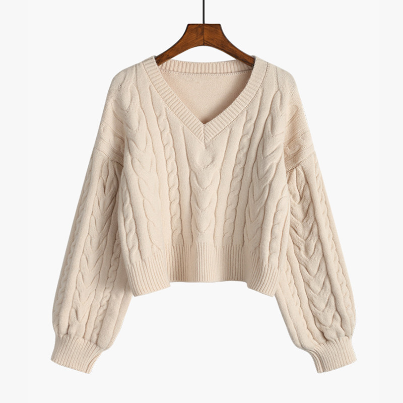 브랜드 통관 복고풍 V 넥 스웨터 가을 겨울 다목적 게으른 스타일 짧은 탑 슬림 여성용 긴팔 스웨터