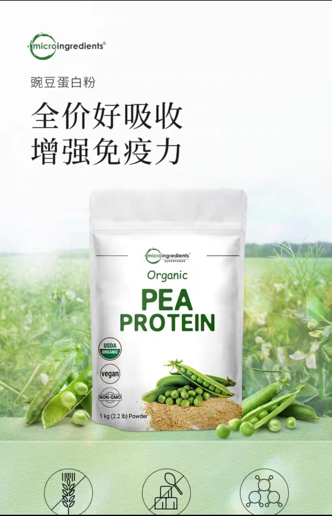 进口micro有机豌豆纯天然植物蛋白质粉增强体质提升抵抗力1kg